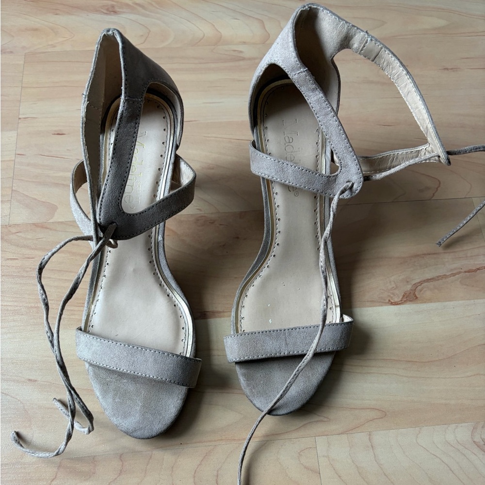 Madeline Stuart Taupe Lace-Up Suede Open-Toe Heels